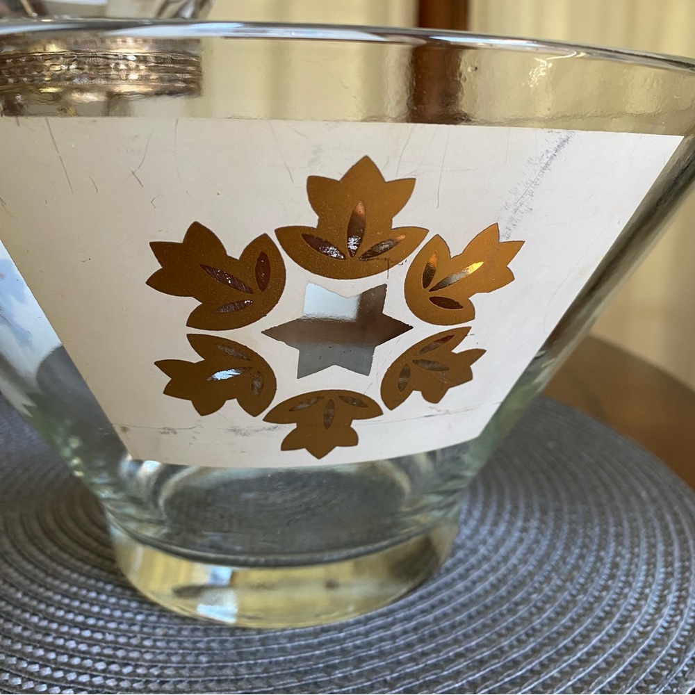 Vintage Anchor Hocking Chip & Dip Set Golden Leaf Medallion Pattern with clip - Picture 7 of 12